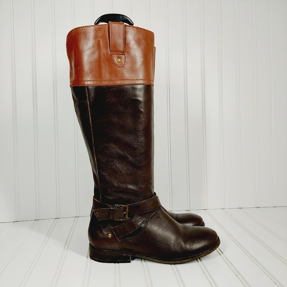 Marc Fisher Brown Leather Knee High Riding  M-Wide Calf Buckle Straps Boots C138 - Picture 5 of 14